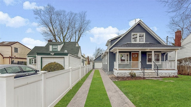 view of front of home featuring an outbuilding, fence, a porch, a front lawn, and a garage
