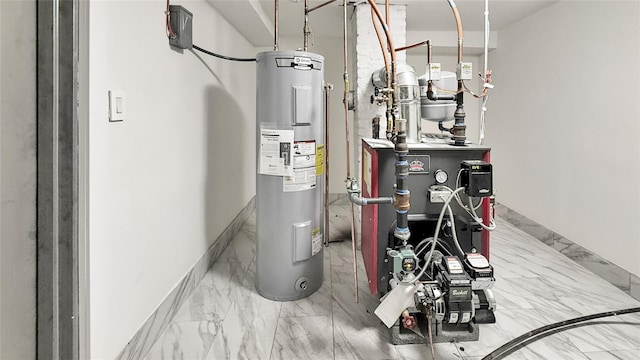 utility room with water heater and a heating unit