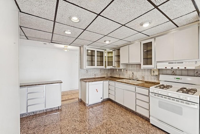 166-25 Powells Cove Blvd Unit 1A, Whitestone, NY 11357 - kitchen with granite finish floor, under cabinet range hood, dark countertops, a sink, and white gas stove