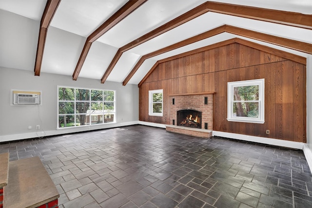 285 Grand St, Croton-On-Hudson, NY 10520 - unfurnished living room with a wall unit AC, a brick fireplace, wood walls, and a baseboard heating unit