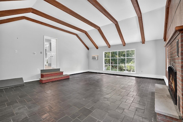 285 Grand St, Croton-On-Hudson, NY 10520 - unfurnished living room with a fireplace, a wall mounted air conditioner, and stairs