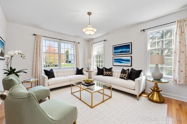 living room with baseboards and wood finished floors