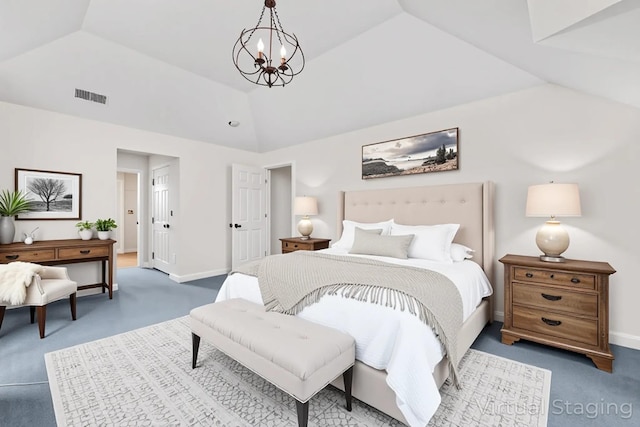 bedroom with carpet, visible vents, baseboards, and lofted ceiling