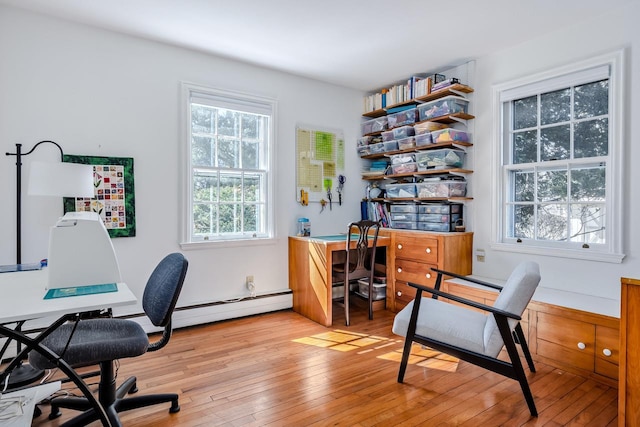 office with a baseboard radiator, plenty of natural light, and light wood finished floors