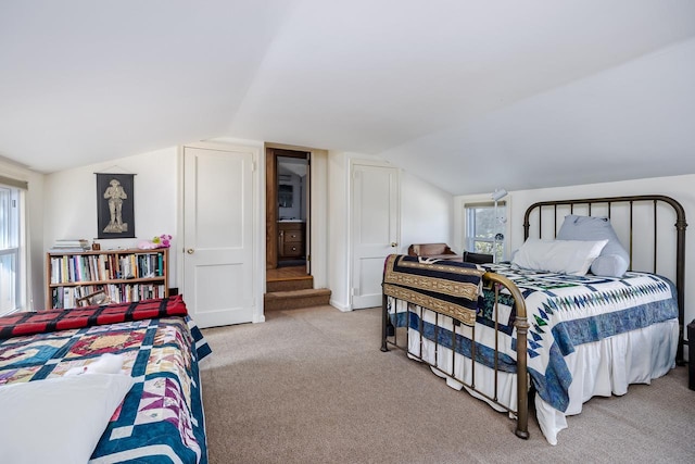 bedroom featuring carpet floors and lofted ceiling