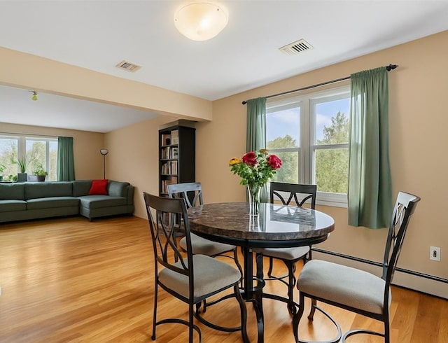 dining space featuring visible vents and light wood finished floors