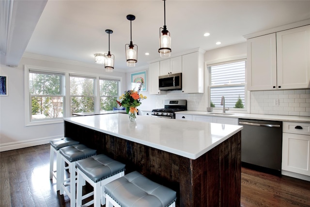 kitchen featuring dark wood-style flooring, a sink, appliances with stainless steel finishes, and tasteful backsplash