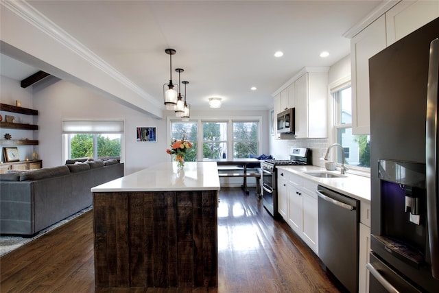 kitchen with a wealth of natural light, dark wood-style floors, a sink, and appliances with stainless steel finishes