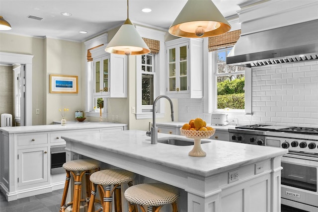 33 Fernwood Rd, Larchmont, NY 10538 - kitchen with high end range, white cabinets, exhaust hood, and a sink