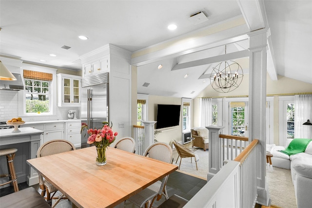 33 Fernwood Rd, Larchmont, NY 10538 - dining space with lofted ceiling with beams, a chandelier, and recessed lighting