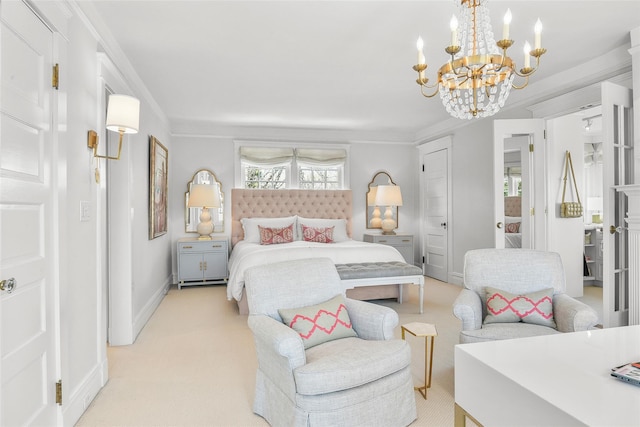 33 Fernwood Rd, Larchmont, NY 10538 - bedroom featuring ornamental molding, an inviting chandelier, light carpet, and baseboards