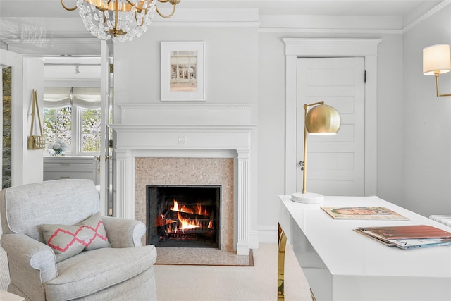 33 Fernwood Rd, Larchmont, NY 10538 - sitting room featuring a tile fireplace and a chandelier