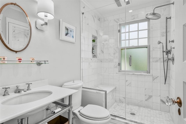 33 Fernwood Rd, Larchmont, NY 10538 - bathroom with crown molding, toilet, a sink, and a shower stall