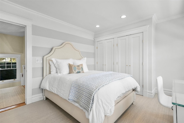33 Fernwood Rd, Larchmont, NY 10538 - bedroom with baseboards, recessed lighting, light colored carpet, a closet, and ornamental molding
