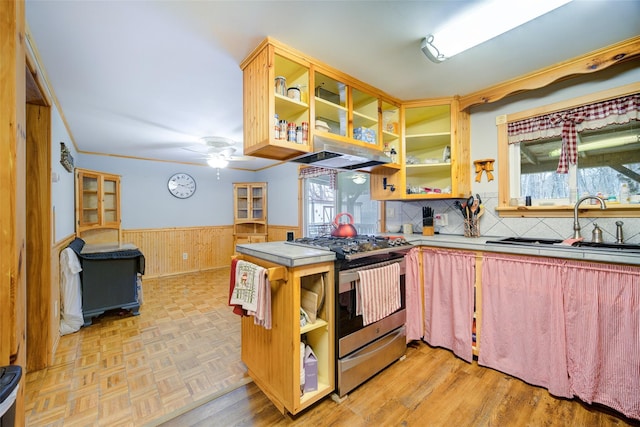 kitchen with a wainscoted wall, gas range, open shelves, and under cabinet range hood