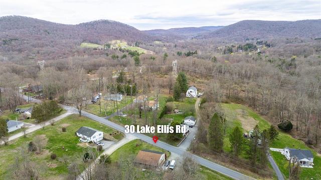 bird's eye view with a mountain view and a forest view