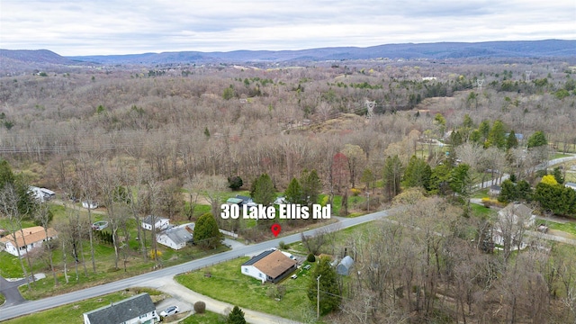 bird's eye view with a wooded view and a mountain view