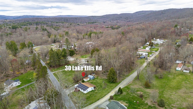 aerial view with a mountain view and a view of trees
