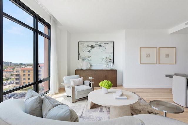 living room with baseboards and light wood-type flooring