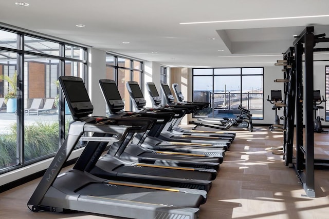 exercise room featuring floor to ceiling windows