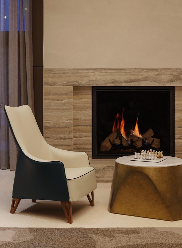details with carpet and a fireplace