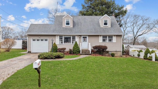 cape cod house featuring driveway, an attached garage, a front lawn, and fence