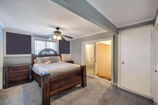 bedroom featuring crown molding, ceiling fan, and carpet floors