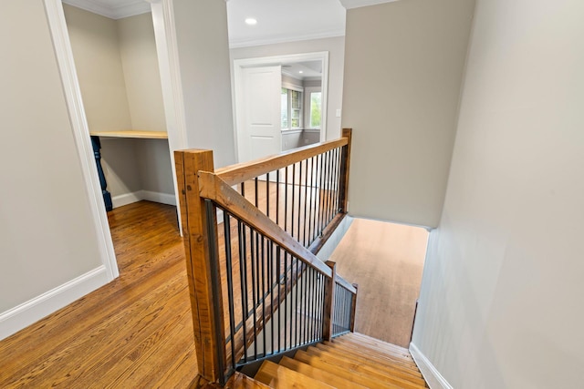 145 Asharoken Ave, Northport, NY 11768 - stairs with recessed lighting, crown molding, baseboards, and wood finished floors