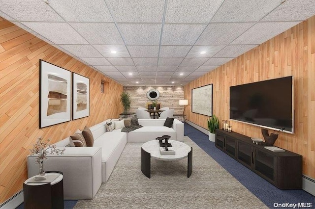 2872 Rosebud Ave, Merrick, NY 11566 - living room featuring recessed lighting, a baseboard radiator, wooden walls, and a drop ceiling