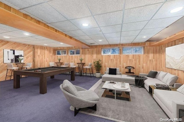 2872 Rosebud Ave, Merrick, NY 11566 - carpeted living area featuring recessed lighting, wood walls, and pool table