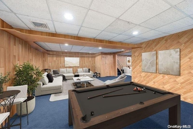 2872 Rosebud Ave, Merrick, NY 11566 - playroom with visible vents, carpet flooring, pool table, and wood walls