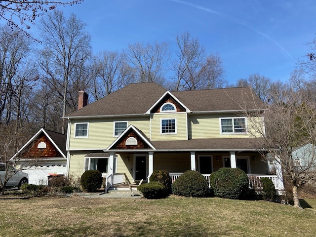 view of front of property featuring a chimney, roof with shingles, a front lawn, covered porch, and a garage