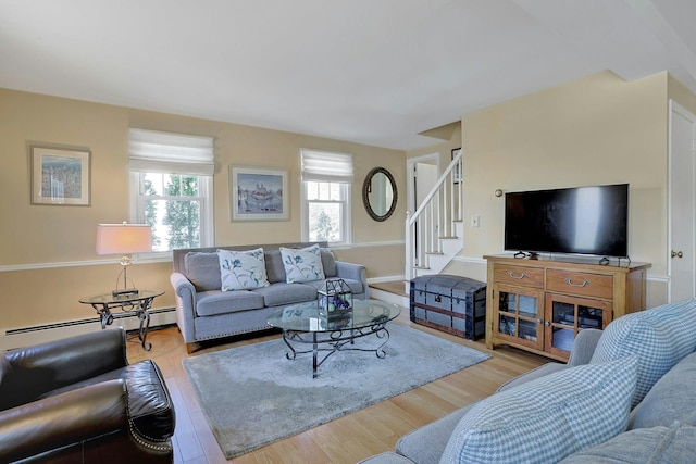 24 Burnsdale Ave, Valhalla, NY 10595 - living room with a baseboard heating unit, wood finished floors, and stairway