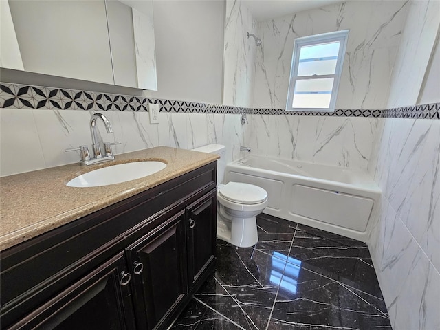 bathroom with toilet, marble finish floor, shower / tub combination, tile walls, and vanity