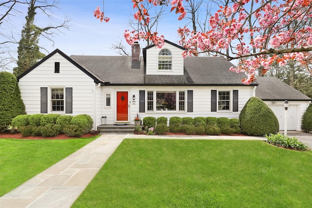 cape cod-style house featuring roof with shingles, a chimney, and a front lawn