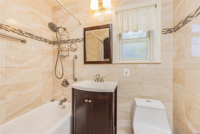 3476 Bruner Ave, Bronx, NY 10469 - full bathroom with shower / bath combo with shower curtain, vanity, toilet, and tile walls