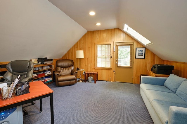 28 Rose Ave, Great Neck, NY 11021 - office with wood walls, vaulted ceiling, carpet floors, and a skylight