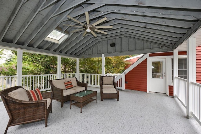 28 Rose Ave, Great Neck, NY 11021 - sunroom / solarium featuring outdoor lounge area, ceiling fan, a skylight, and lofted ceiling