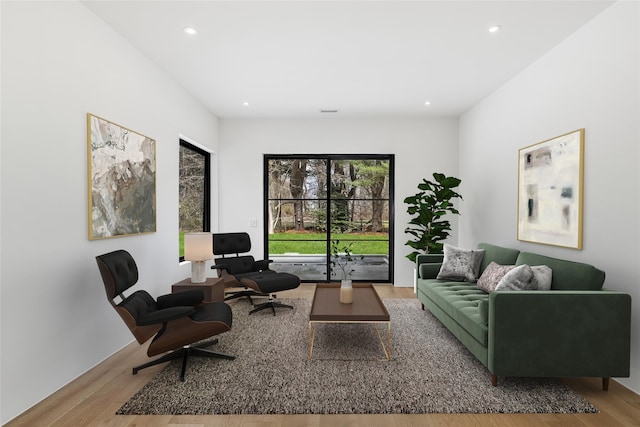 living area with wood finished floors and recessed lighting