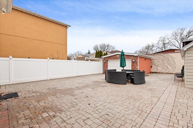 89-21 Aubrey Ave, Glendale, NY 11385 - view of patio with a fenced backyard, an outdoor structure, and outdoor dining area
