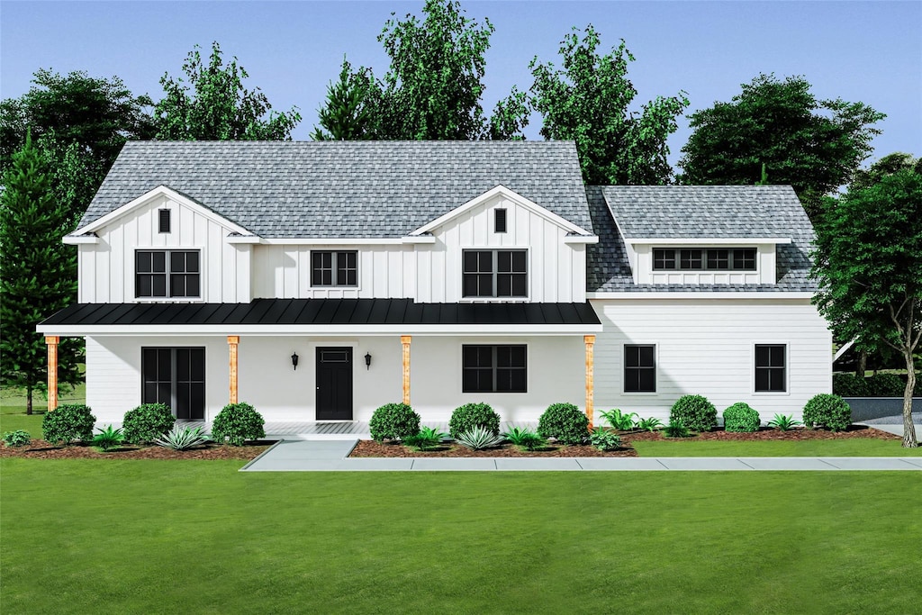modern farmhouse style home with a shingled roof, a front lawn, and covered porch