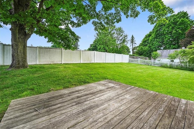 deck with a lawn and a fenced backyard