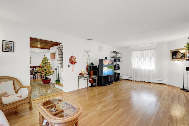 living room featuring hardwood / wood-style floors and baseboard heating