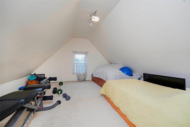 carpeted bedroom with lofted ceiling