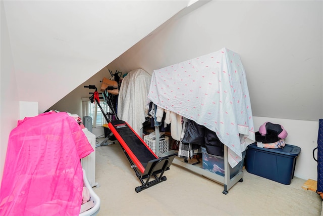 bedroom with carpet and lofted ceiling