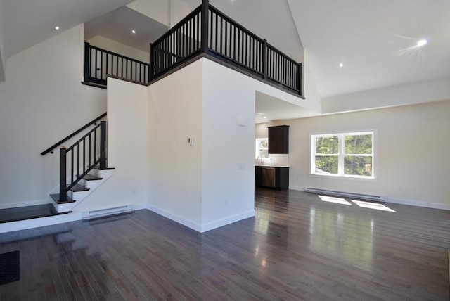 1211 Gulf Rd, Livingston Manor, NY 12724 - unfurnished living room featuring high vaulted ceiling, baseboard heating, dark wood-type flooring, stairway, and recessed lighting