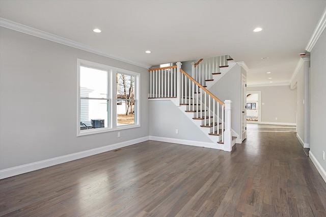 98 S 36th St, Wyandanch, NY 11798 - interior space featuring baseboards, dark wood-style floors, stairs, and ornamental molding