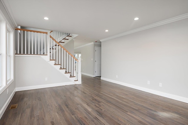 98 S 36th St, Wyandanch, NY 11798 - interior space featuring wood finished floors, visible vents, baseboards, stairs, and crown molding
