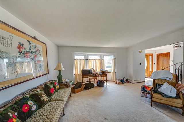 living room with carpet floors and a baseboard radiator