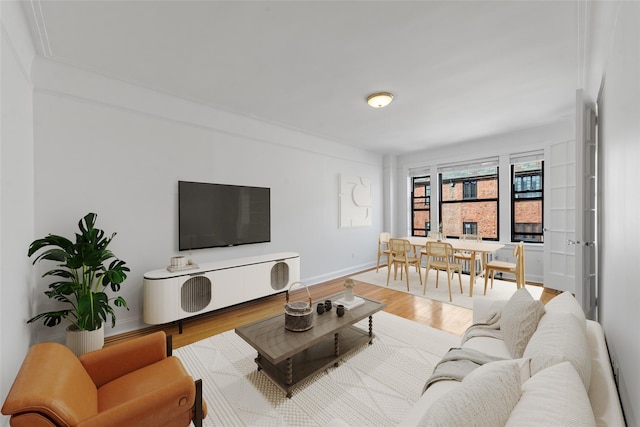 living area with baseboards and wood finished floors